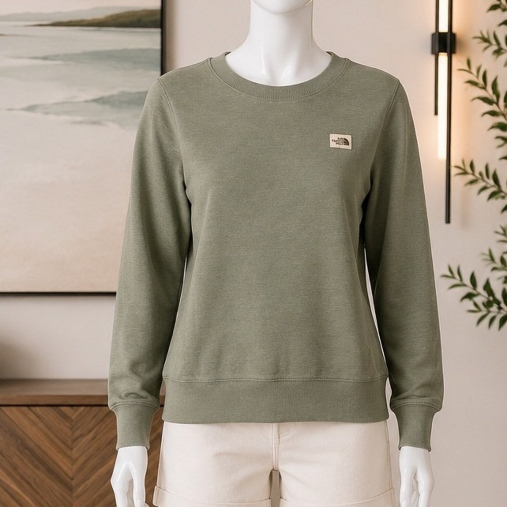 The North Face Womens Sweatshirt Sage Green Fleece Logo Patch Pullover Medium
